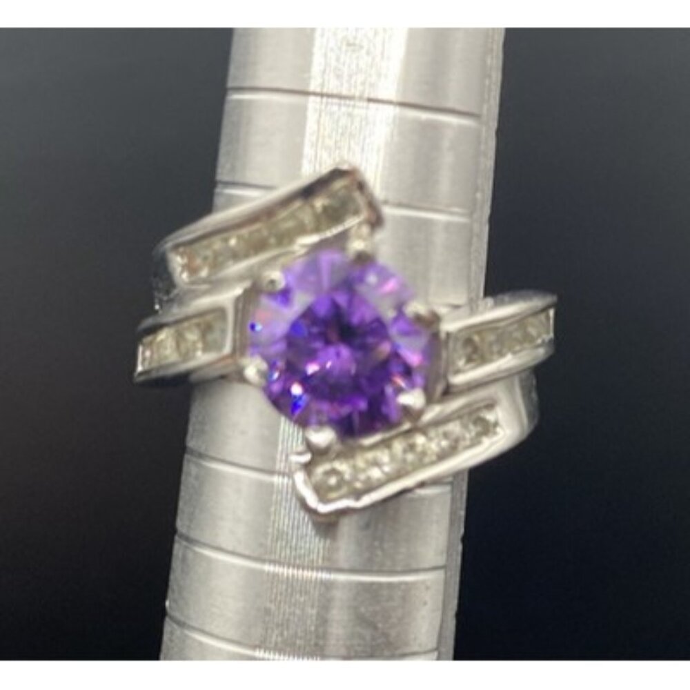 Amethyst Silver Tone Bypass Ring 2 Rows of CZ's Chunky 6.9 grams Size 6 - Picture 1 of 7